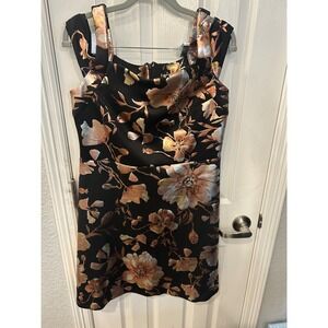 ECI New York Cocktail Dress Black Metallic Floral Brocade Fit Flare Party Event